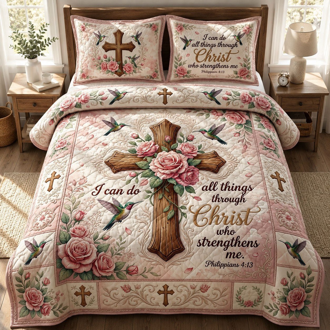 Floral Christian Cross Quilted Bedding Set, Christian Bible Verser Quilted Blanket And Pillowcases, Personalized Bedding Set, Bedroom Decor LAFBED60