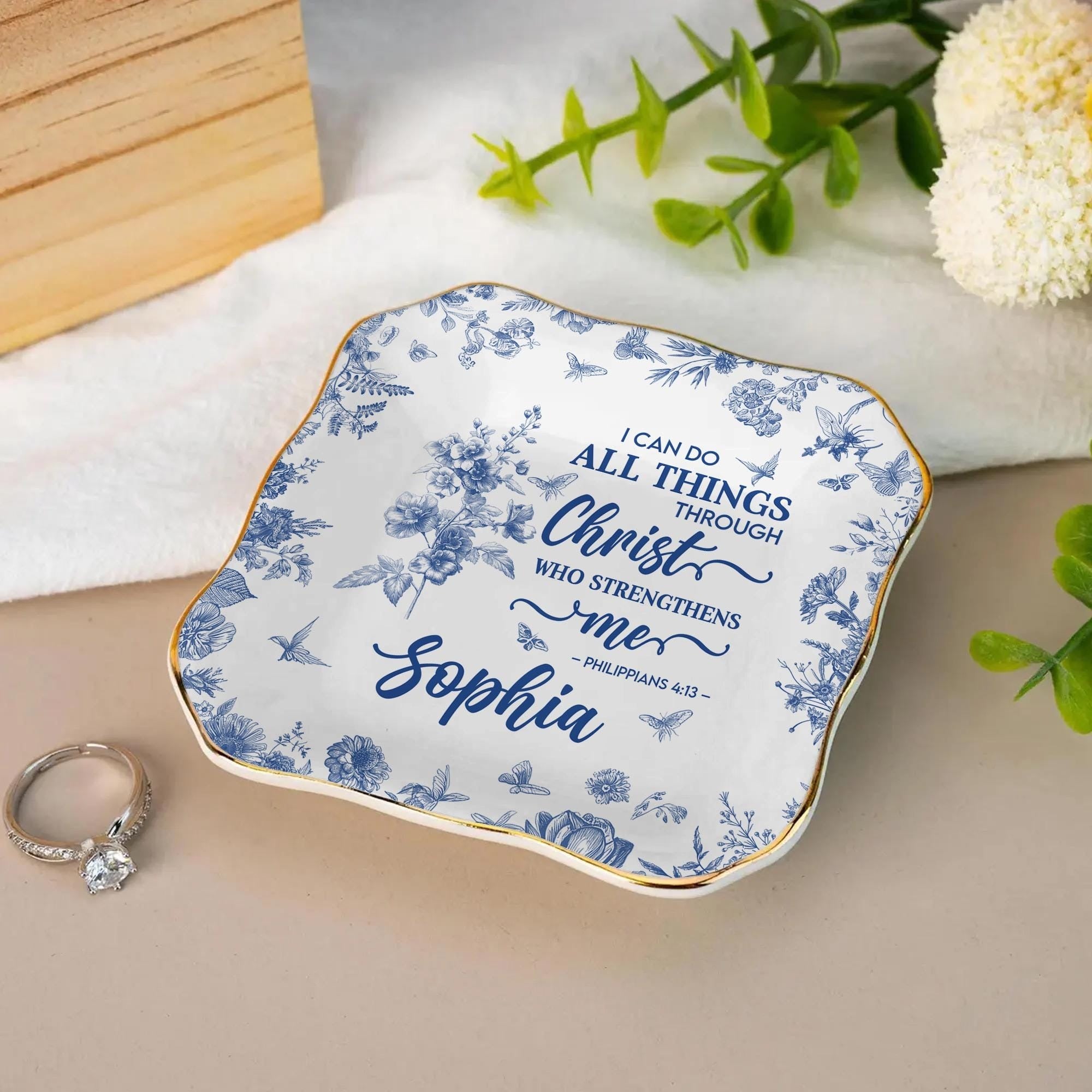 Personalized Christian Jewelry Dish, Bible Verse Ring Dish, Philippians 4:13 Gift, Custom Name Faith Tray, Religious Inspirational Home Decor JDLAF07