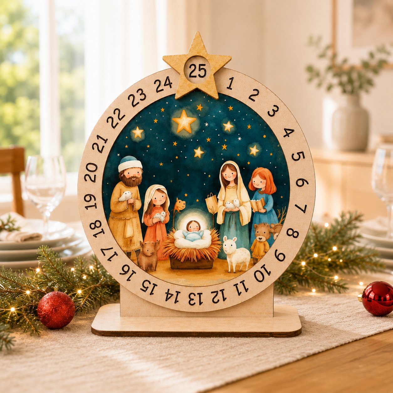Wooden Nativity Advent Calendar, Holy Family Wooden Sign, Custom Tabletop Religious Gift, Spinning Wheel Christmas Countdown Decor, Religious Christian Christmas Gift XMASW04