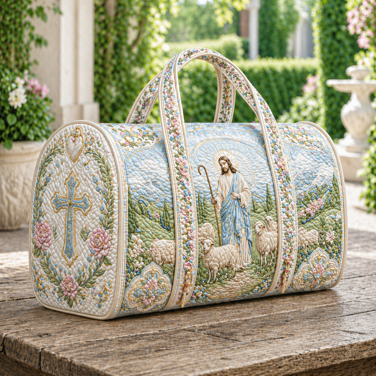 Christian Jesus Shepherd Quilted Duffle Bag, Faith Quilt Bag, Catholic Religious Weekender Travel Bag, Bible Verse Style Overnight Bag QDB06