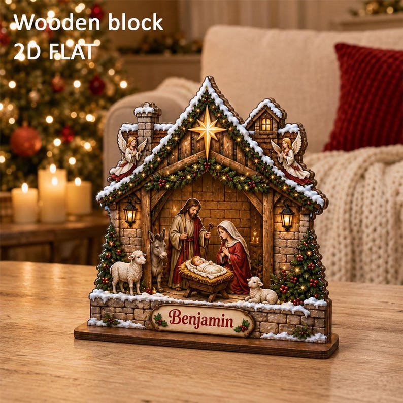 Personalized Nativity Christmas Wooden Sign, Baby Jesus Birth Scene Decor, Rustic Farmhouse Christian Holiday Decoration, Religious Christmas Gift WSXM06