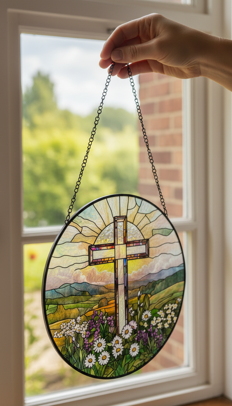Cross Stained Glass Suncatcher, Christian Window Hanging, Floral Cross Sun Catcher, Religious Home Decor, Easter Gift, Faith Based Window Art SCLAF15