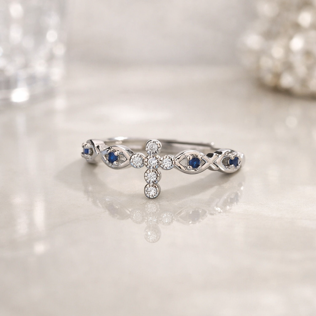 Christian Inspired Blue Zircon Cross Ring for Women, Adjustable Silver Faith Ring, Religious Jewelry, Christian Gift for Her, Elegant Catholic Ring
