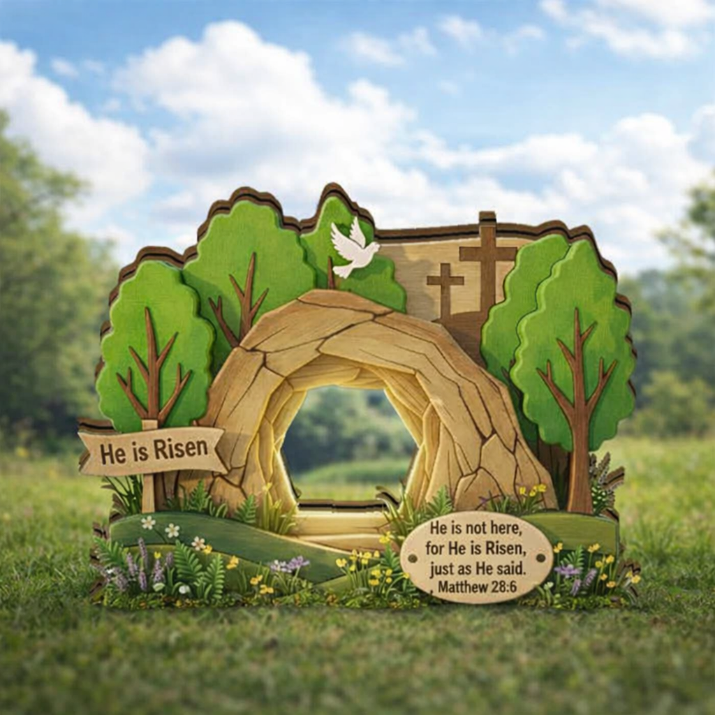 He Is Risen Easter Decor, Empty Tomb Scene, Matthew 28:6 Christian Table Sign, Religious Home Display