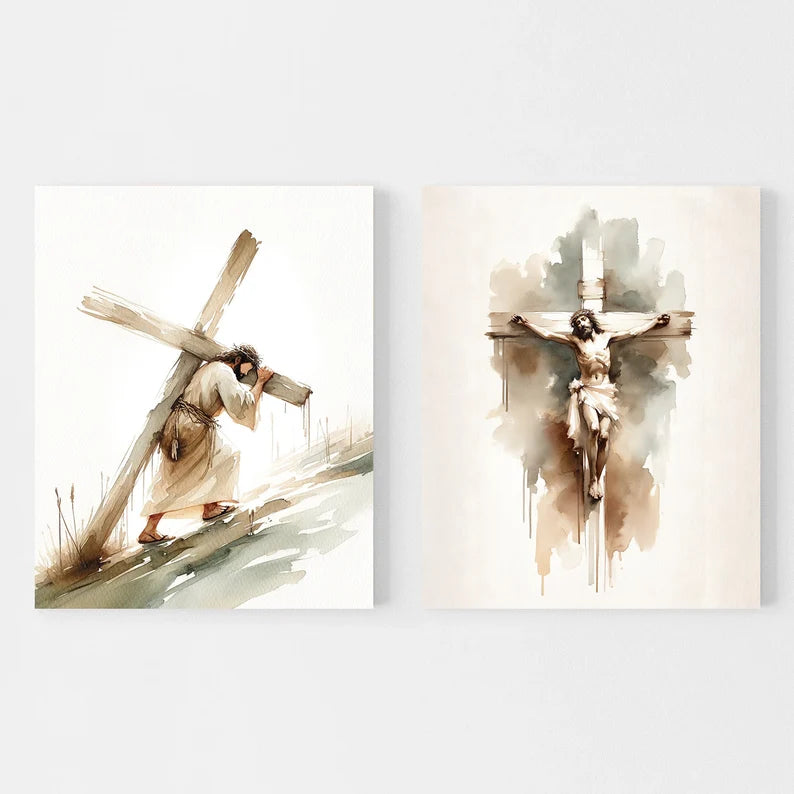 Set of 3 Crucifixion Jesus Christ Bible Scene Modern Scripture Wall Art Religious Poster Watercolor Boho Christian Print Easter Print PTLAF016