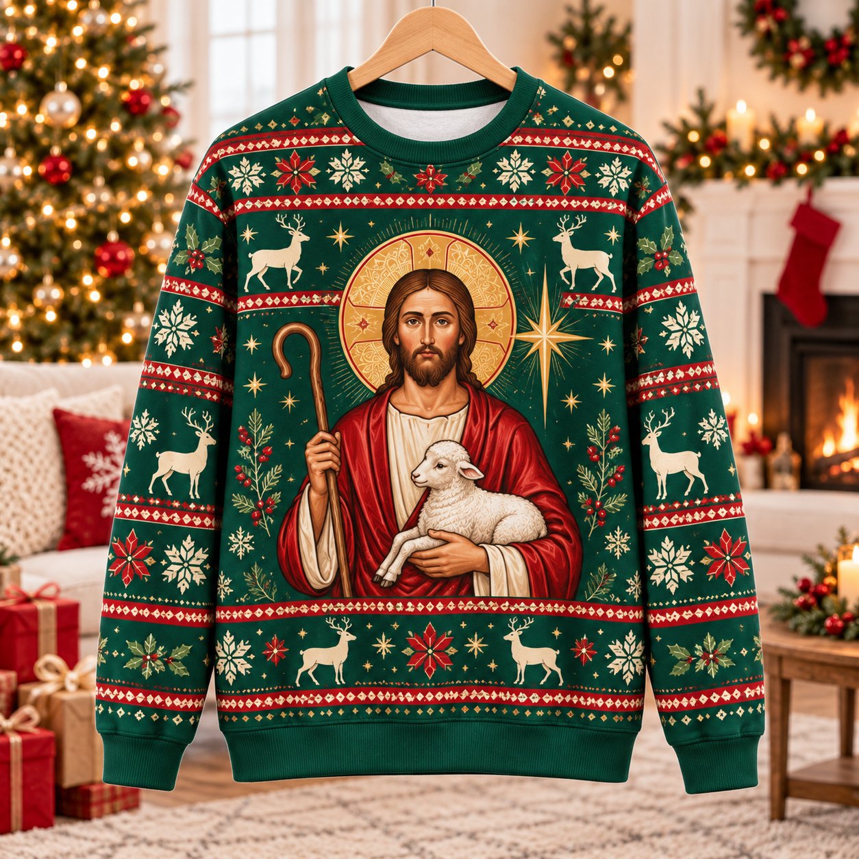 Jesus and Lamb Ugly Christmas Sweater, Good Shepherd Christian Holiday Sweatshirt, Religious Xmas Pullover, Faith Gift Shirt, Holiday Family Shirt XMASUS06
