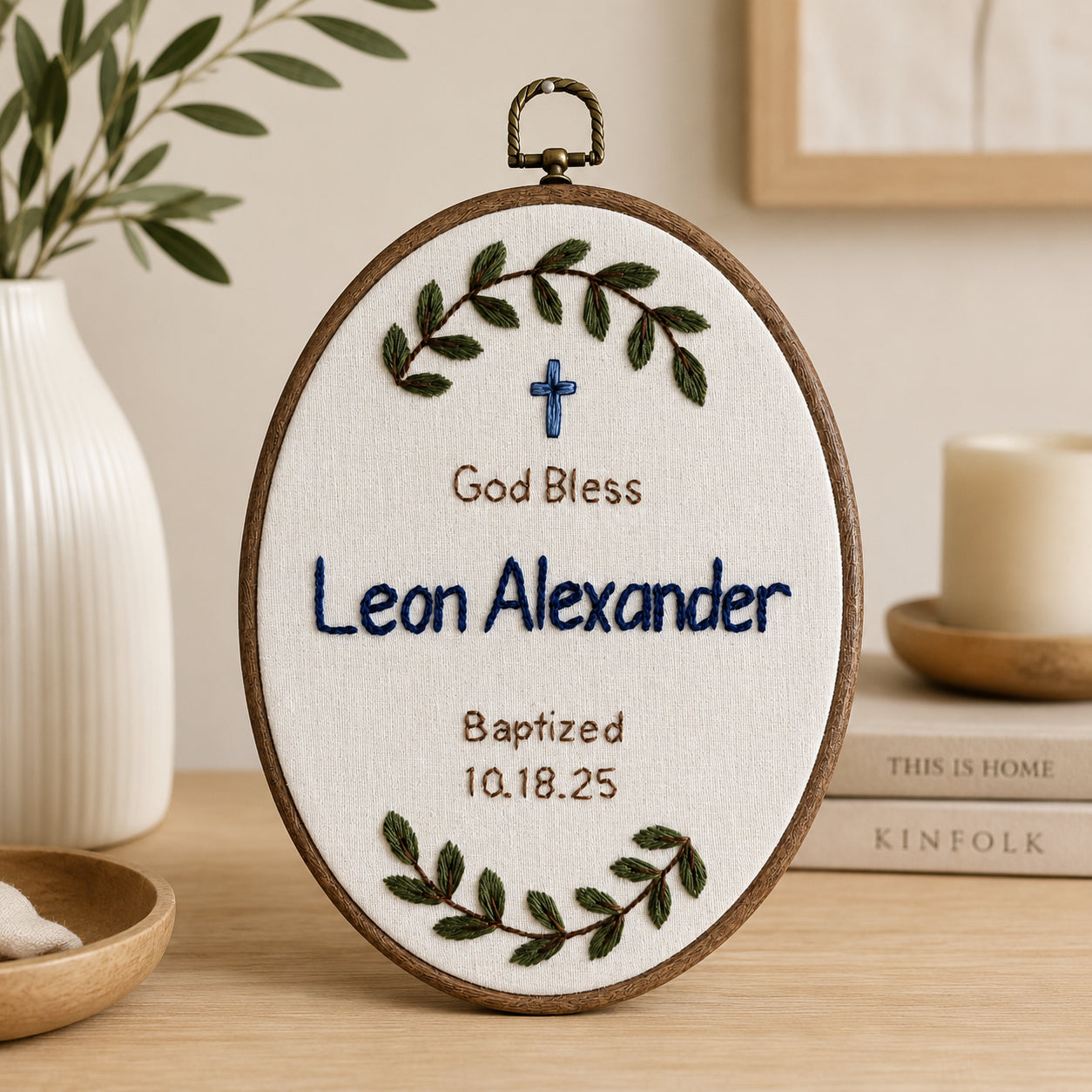 Personalized Hand Embroidered Baptism With Cross Hoop Art, Baby Hoop Art, Custom Baby Name and Baptism Date, Floral Christian Keepsake EHA34