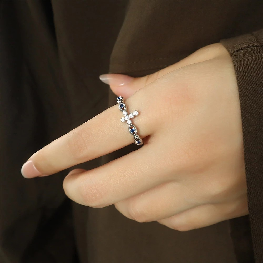 Christian Inspired Blue Zircon Cross Ring for Women, Adjustable Silver Faith Ring, Religious Jewelry, Christian Gift for Her, Elegant Catholic Ring