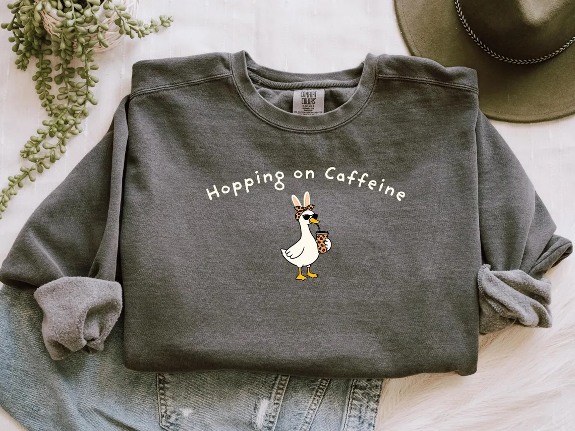 Hopping On Caffeine Shirt, Comfort Colors Easter Tee, Funny Bunny Goose Graphic Shirt, Cute Spring Coffee Lover Gift for Women CFLAF059