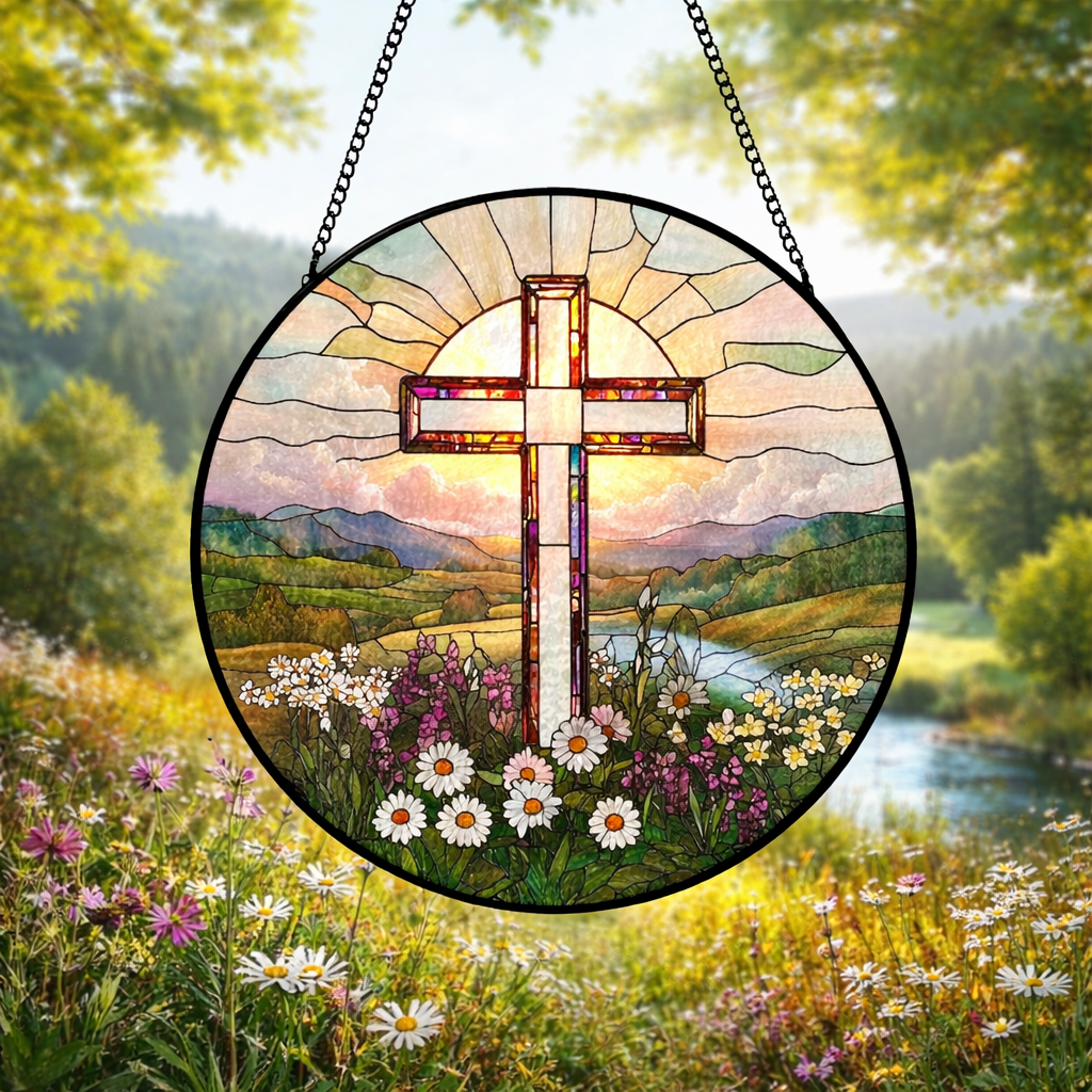 Cross Stained Glass Suncatcher, Christian Window Hanging, Floral Cross Sun Catcher, Religious Home Decor, Easter Gift, Faith Based Window Art SCLAF15