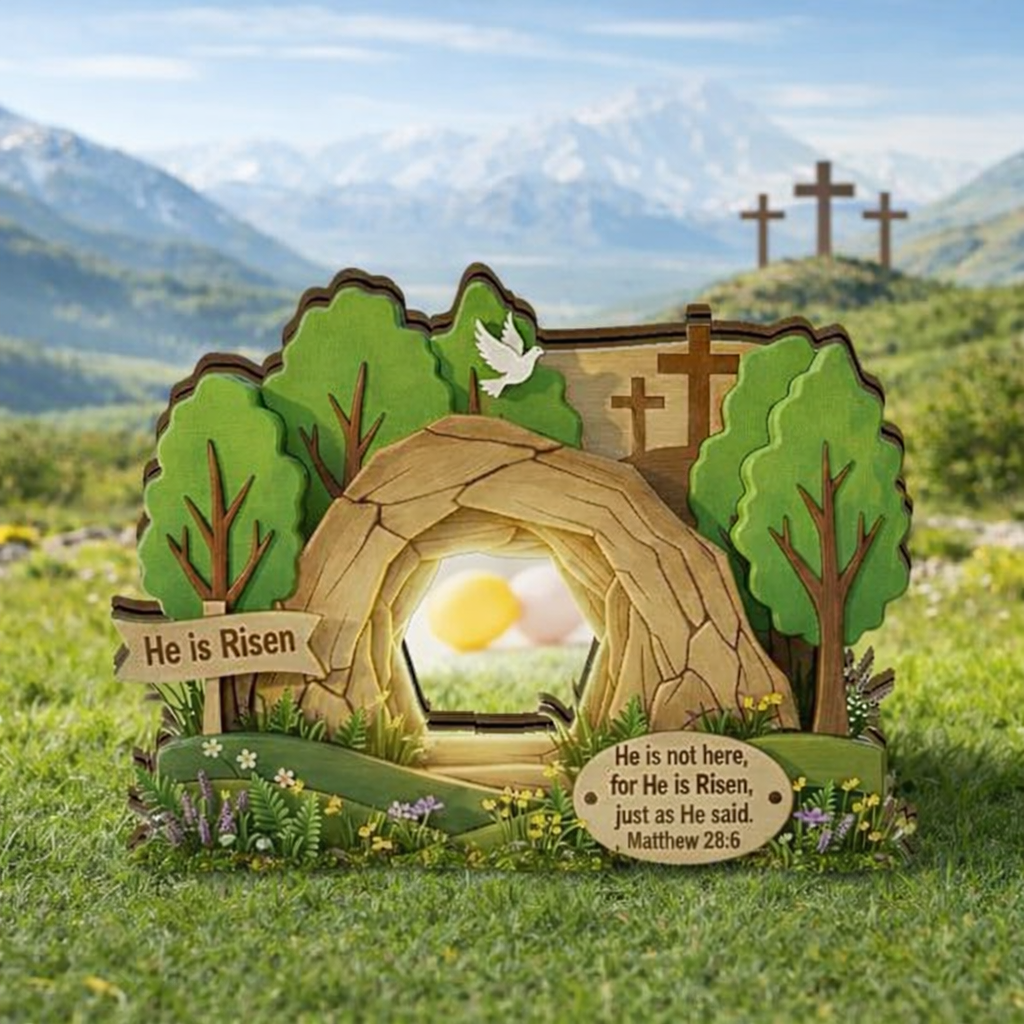 He Is Risen Easter Decor, Empty Tomb Scene, Matthew 28:6 Christian Table Sign, Religious Home Display
