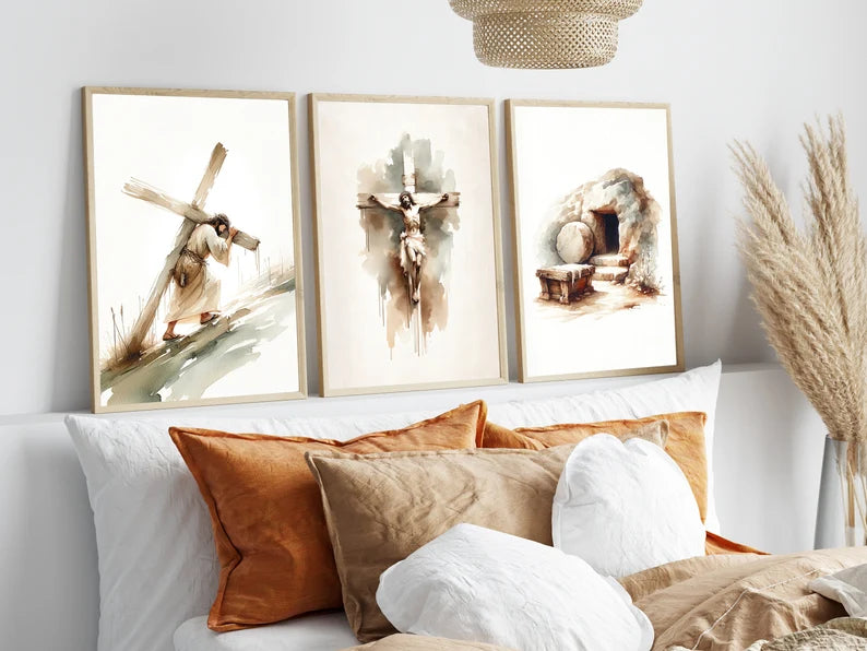 Set of 3 Crucifixion Jesus Christ Bible Scene Modern Scripture Wall Art Religious Poster Watercolor Boho Christian Print Easter Print PTLAF016