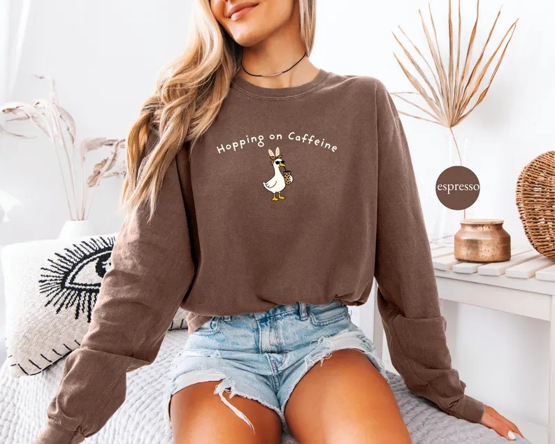 Hopping On Caffeine Shirt, Comfort Colors Easter Tee, Funny Bunny Goose Graphic Shirt, Cute Spring Coffee Lover Gift for Women CFLAF059