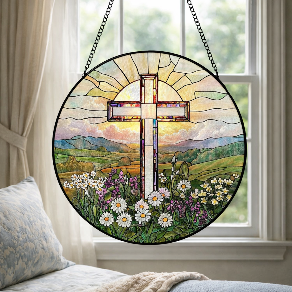 Cross Stained Glass Suncatcher, Christian Window Hanging, Floral Cross Sun Catcher, Religious Home Decor, Easter Gift, Faith Based Window Art SCLAF15