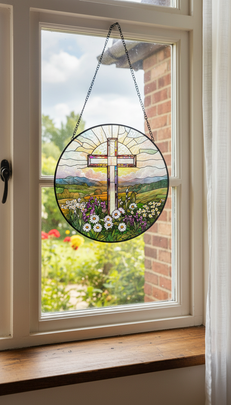 Cross Stained Glass Suncatcher, Christian Window Hanging, Floral Cross Sun Catcher, Religious Home Decor, Easter Gift, Faith Based Window Art SCLAF15