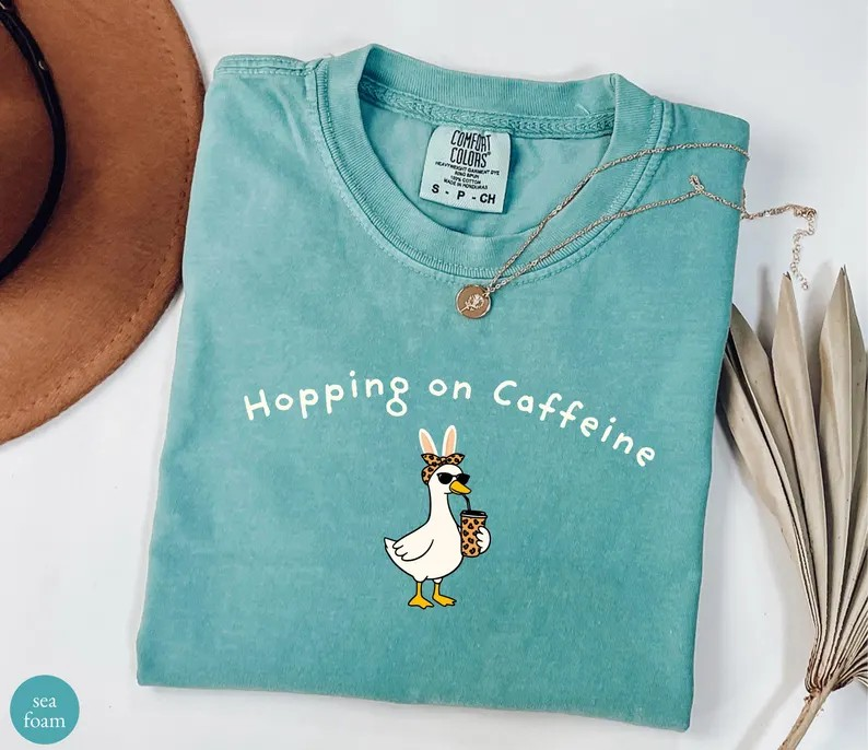 Hopping On Caffeine Shirt, Comfort Colors Easter Tee, Funny Bunny Goose Graphic Shirt, Cute Spring Coffee Lover Gift for Women CFLAF059