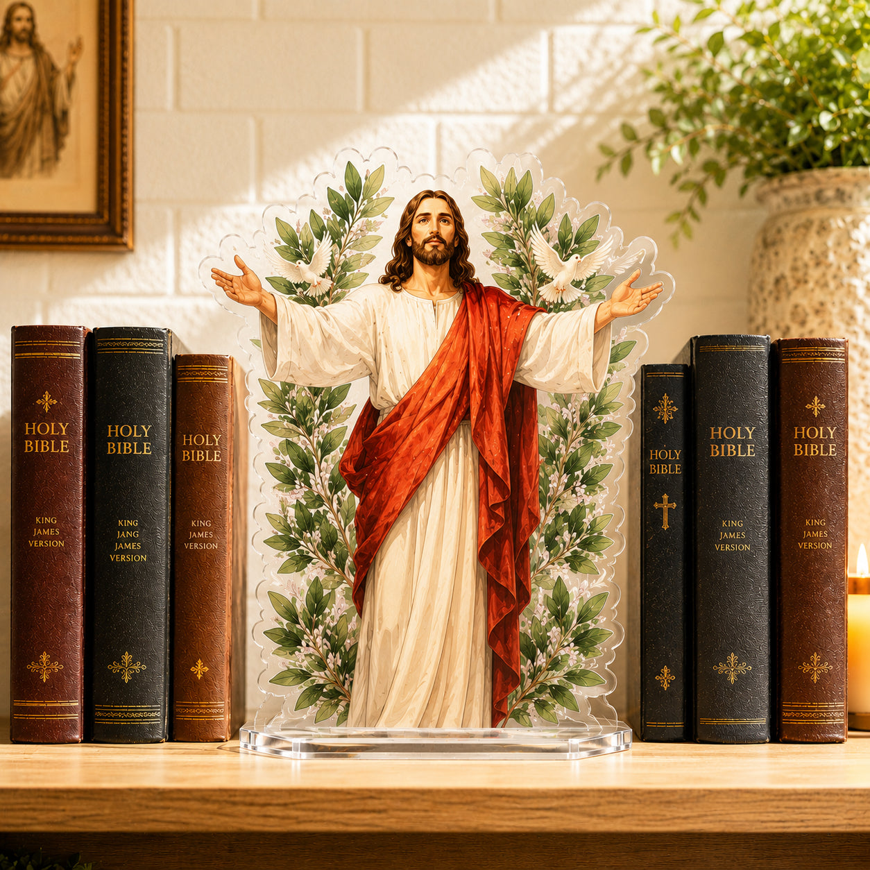 Christian Bookend, Jesus with Doves Acrylic Bookend Standee, Christian Bookshelf Decor, Religious Gift ABBD05