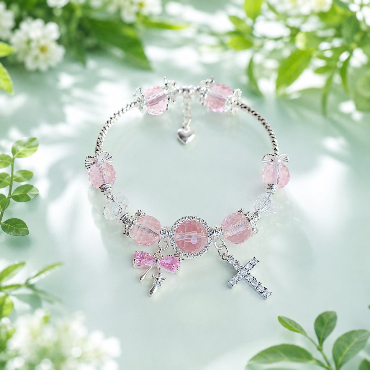 Pink Crystal Cross Charm Bracelet for Women, Faith-Inspired Silver Beaded Bangle Jewelry, Elegant Christian Gift VTBR05