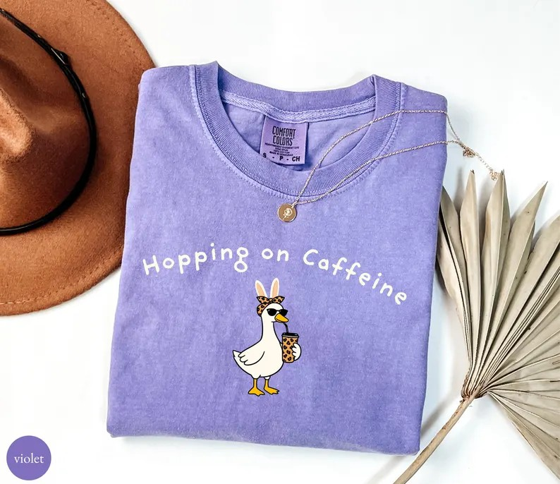 Hopping On Caffeine Shirt, Comfort Colors Easter Tee, Funny Bunny Goose Graphic Shirt, Cute Spring Coffee Lover Gift for Women CFLAF059
