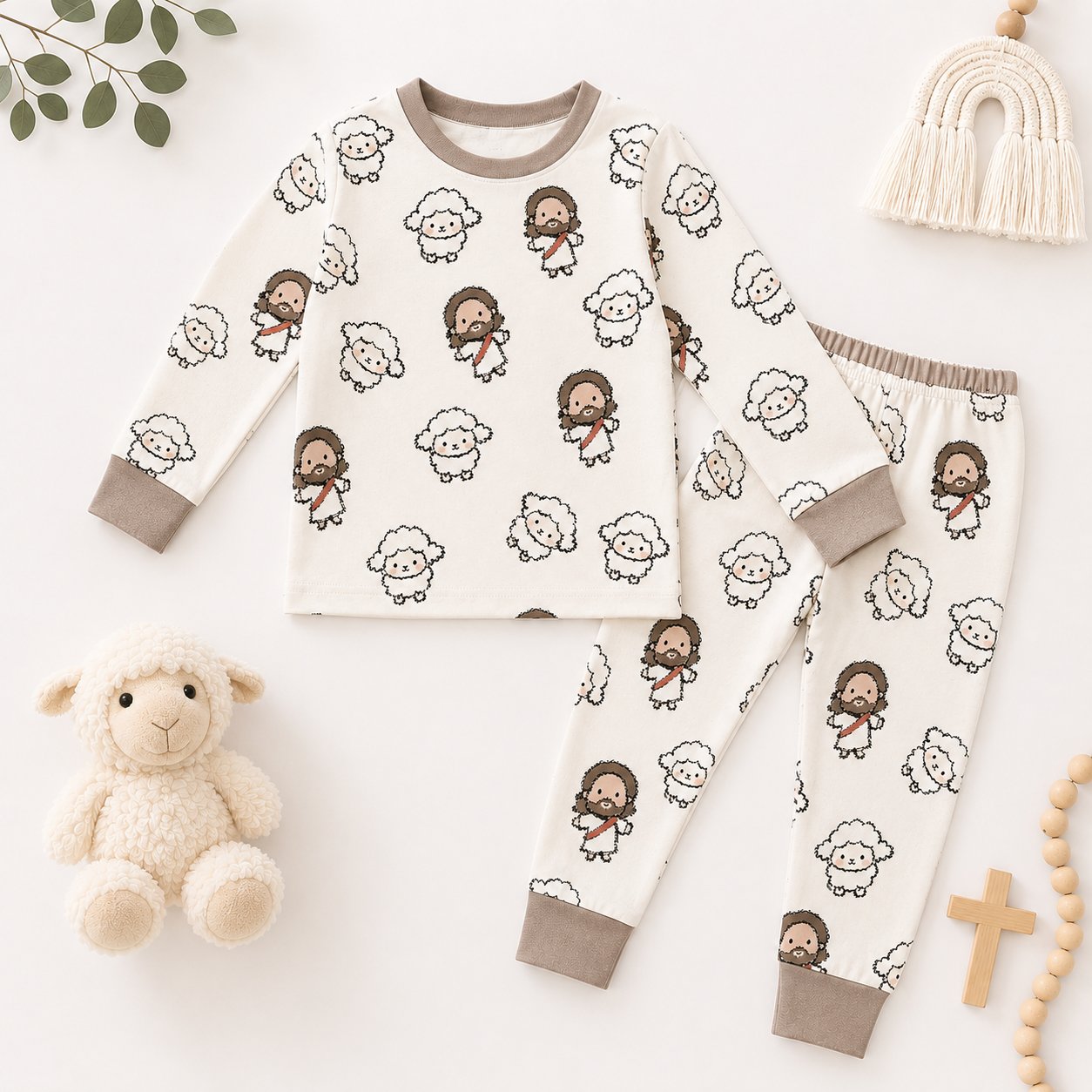 Jesus and Lamb Bamboo Baby Kids Pajamas Set, Christian Toddler PJs, Good Shepherd Sleepwear, Religious Gift for Kids BBPJSS04