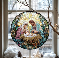 Nativity Scene Suncatcher Ornament, Faux Stained Acrylic Christian Window Hanging.