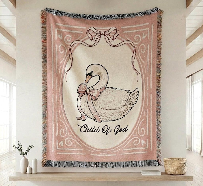 Christian Swan Baby Woven Blanket, Child of God Baptism Gift Vintage, Swan Nursery Decor, Baby Shower Newborn Keepsake Gift WBLAF06