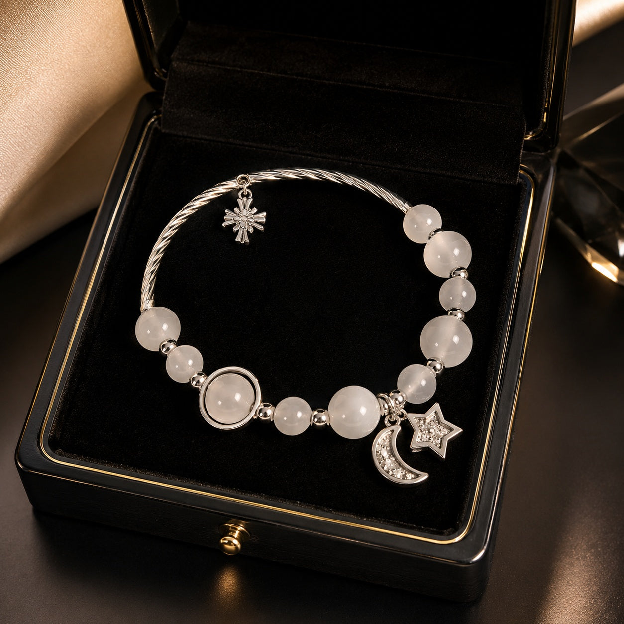 White Moonstone Bracelet With Moon And Star Pendant, Catholic Jewelry, Stone Bracelet For Women, Catholic Bracelet BRLAF08