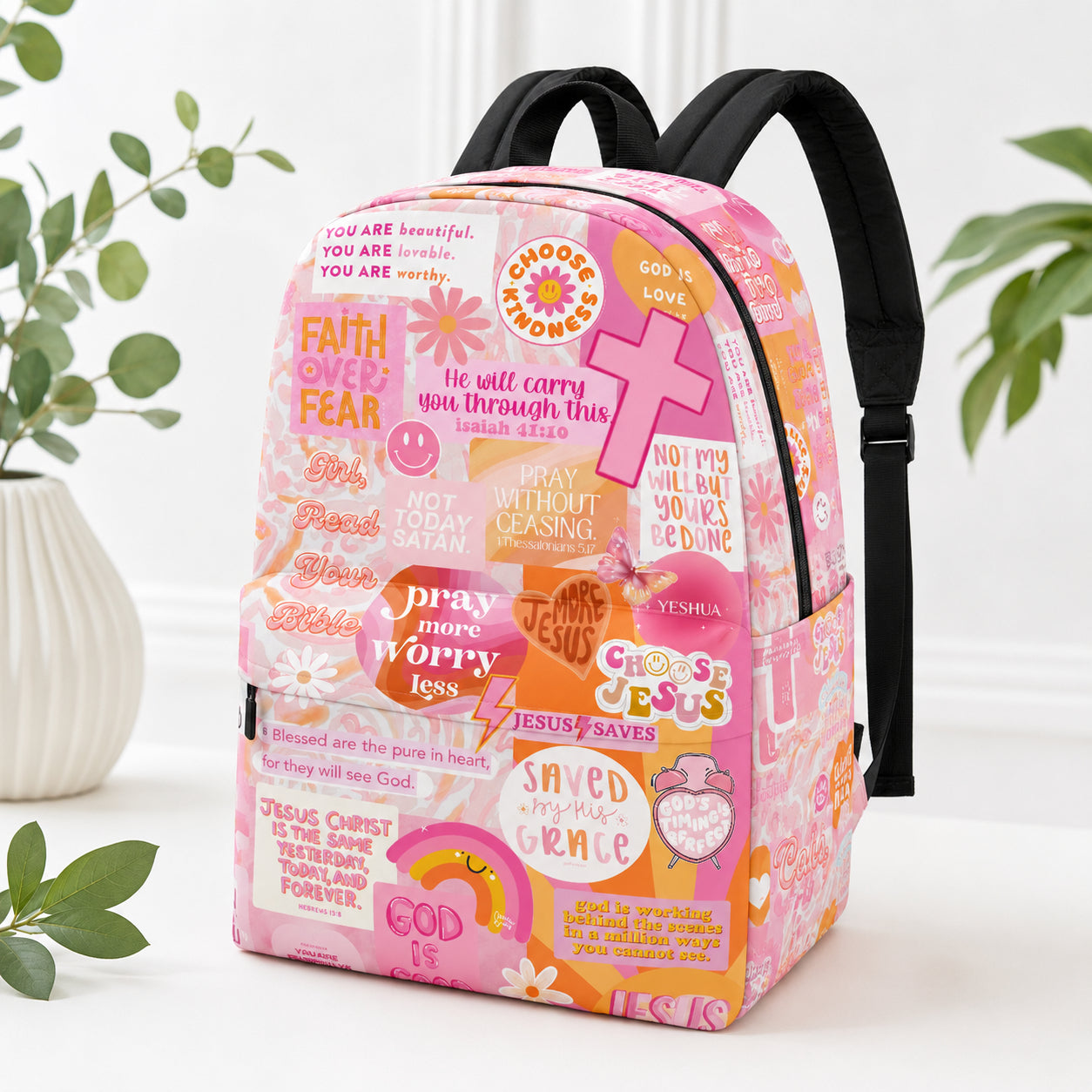 Pink Christian Inspirational Backpack, Custom Faith Over Fear backpack, Christian Faith Bag, Laptop Bag, Back To School Backpack PLAF70