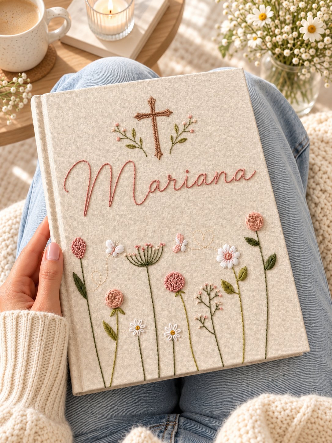 Custom Name Hand-Embroidery Journal, Wildflower Linen Notebook, Handmade Floral Journal, Personalized Writing Book, Botanical Gift for Her NB09