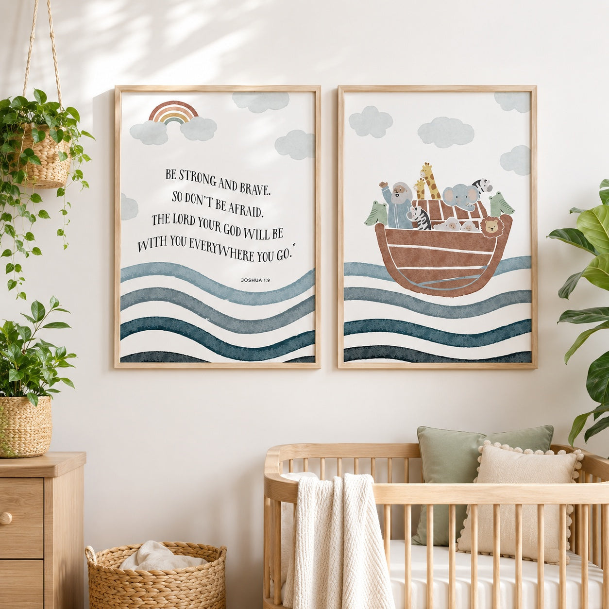 Set of 2 Noah’s Ark Poster, Christian Nursery Wall Art , Noah’s Ark and Joshua 1:9 Bible Verse Posters, Be Strong and Brave Kids Room Decor PTSET05
