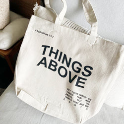 Christian Large Tote Bag – THINGS ABOVE Colossians 3:1-2 – Beige Canvas Tote – Bible Verse Christian Gift – Faith-Based Scripture Bag – Religious Gift for Women
