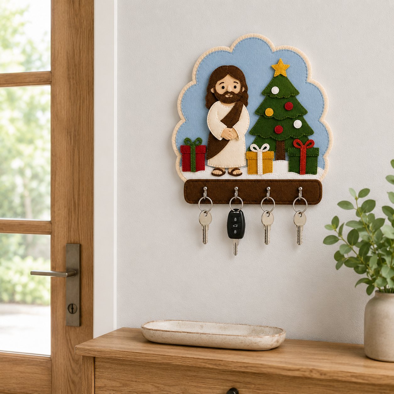 Jesus Christmas Wall Felt Key Holder, Christian Christmas Wall Key Rack, Handmade Catholic Home Decor, Religious Housewarming Gift, Felt Custom FELTHD05
