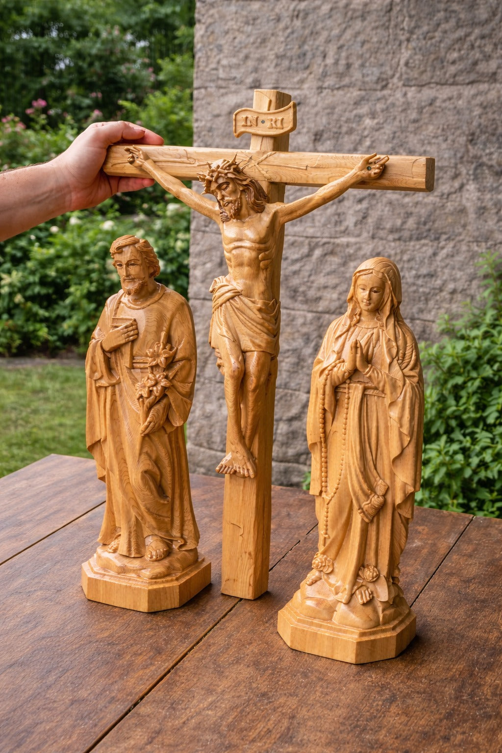 Wooden Catholic Statue Set, Crucifix Jesus Cross with Virgin Mary and Saint Joseph, Handmade Christian Religious Home Altar Decor