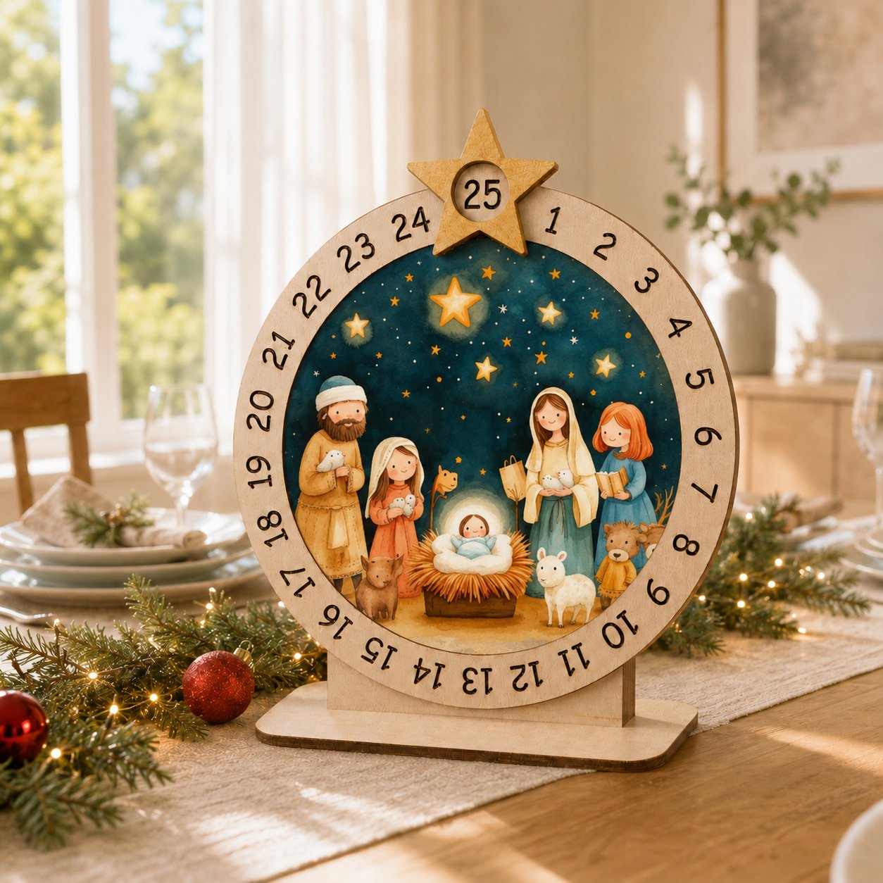 Wooden Nativity Advent Calendar, Holy Family Wooden Sign, Custom Tabletop Religious Gift, Spinning Wheel Christmas Countdown Decor, Religious Christian Christmas Gift XMASW04