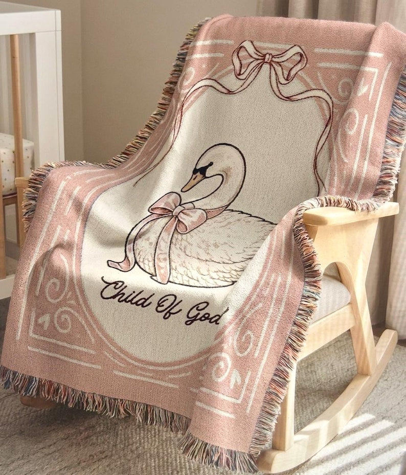 Christian Swan Baby Woven Blanket, Child of God Baptism Gift Vintage, Swan Nursery Decor, Baby Shower Newborn Keepsake Gift WBLAF06