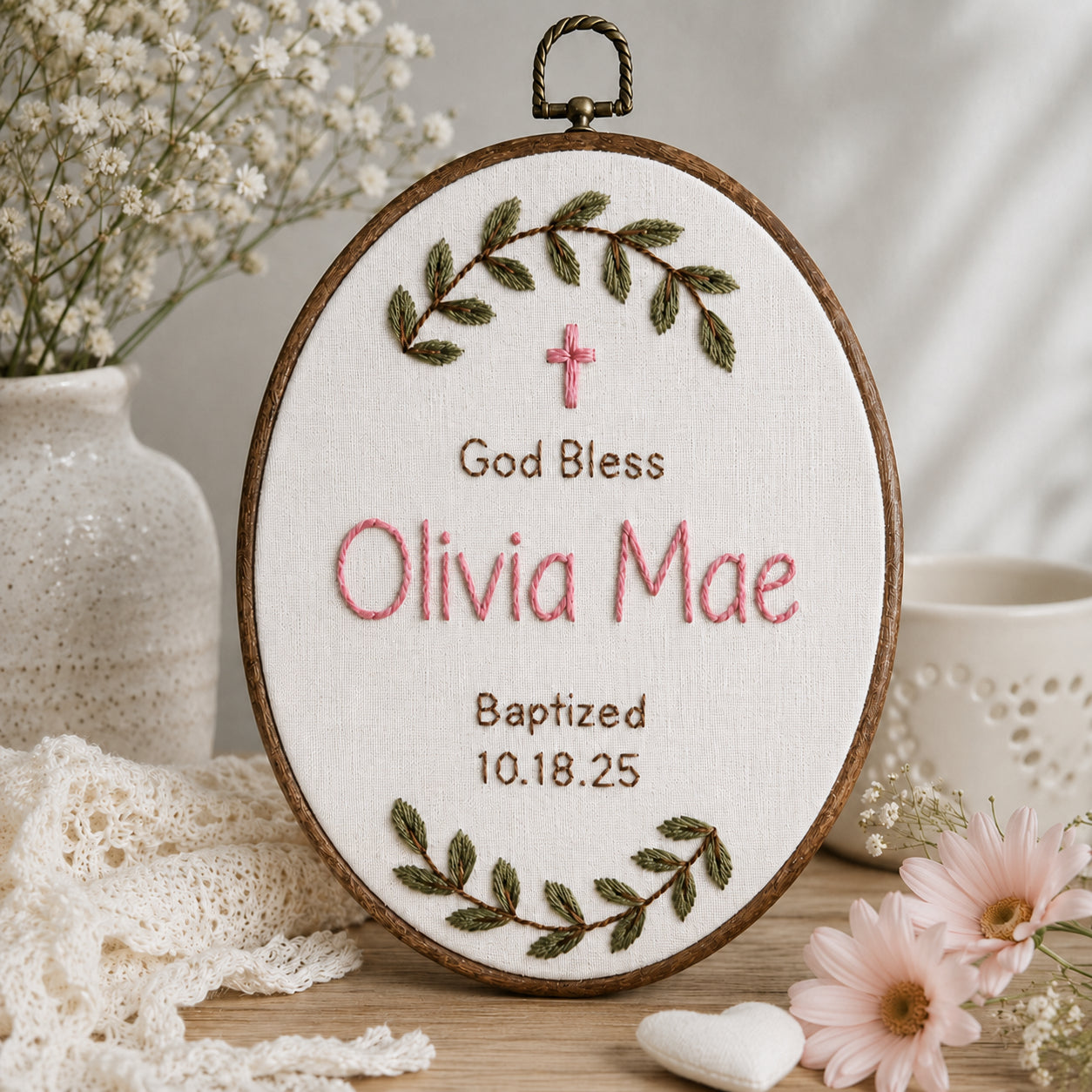 Personalized Hand Embroidered Baptism With Cross Hoop Art, Baby Hoop Art, Custom Baby Name and Baptism Date, Floral Christian Keepsake EHA34