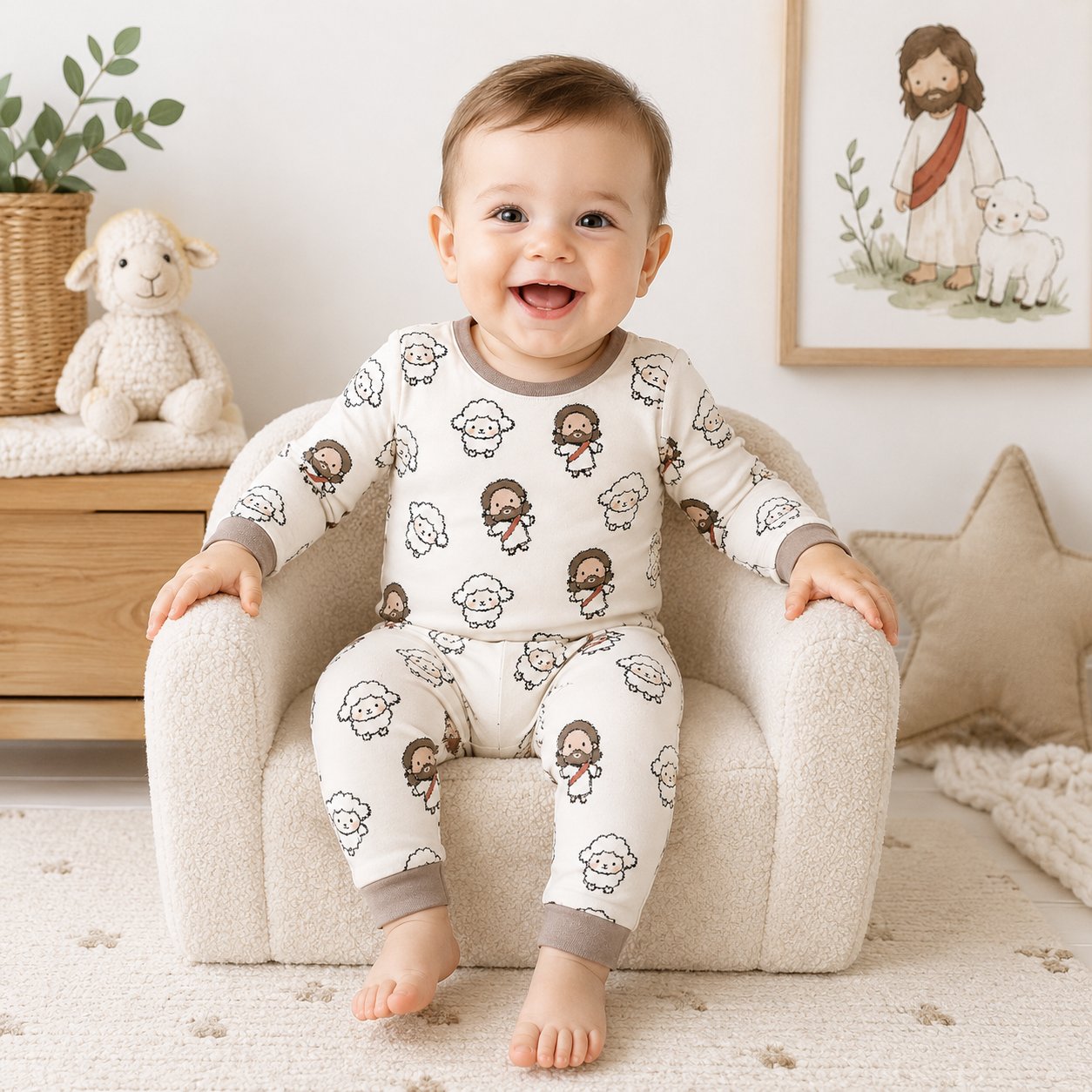Jesus and Lamb Bamboo Baby Kids Pajamas Set, Christian Toddler PJs, Good Shepherd Sleepwear, Religious Gift for Kids BBPJSS04
