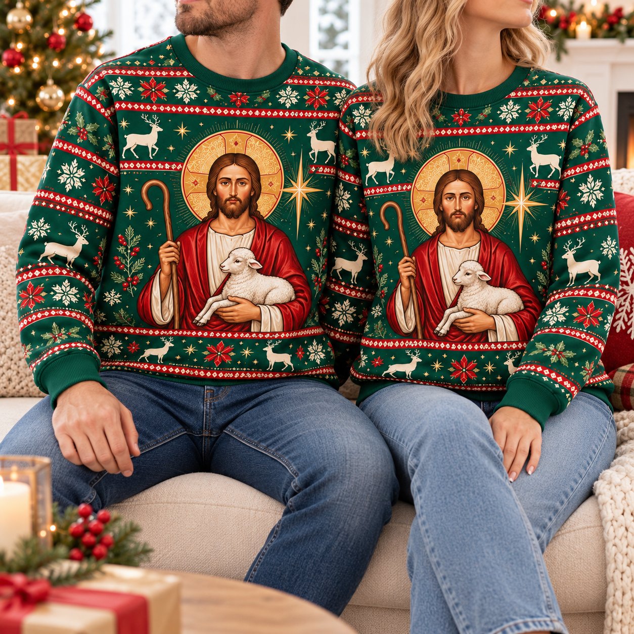 Jesus and Lamb Ugly Christmas Sweater, Good Shepherd Christian Holiday Sweatshirt, Religious Xmas Pullover, Faith Gift Shirt, Holiday Family Shirt XMASUS06