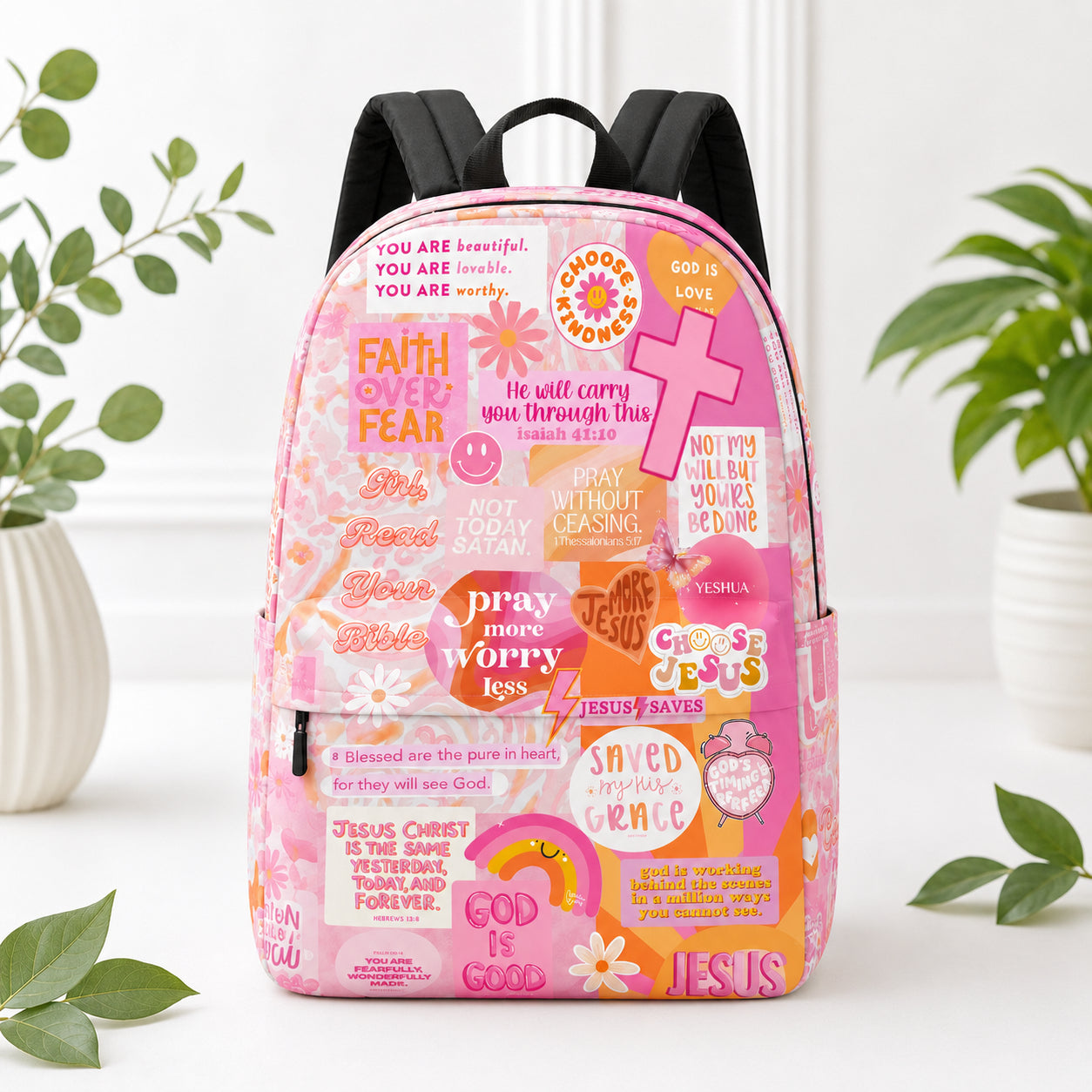 Pink Christian Inspirational Backpack, Custom Faith Over Fear backpack, Christian Faith Bag, Laptop Bag, Back To School Backpack PLAF70
