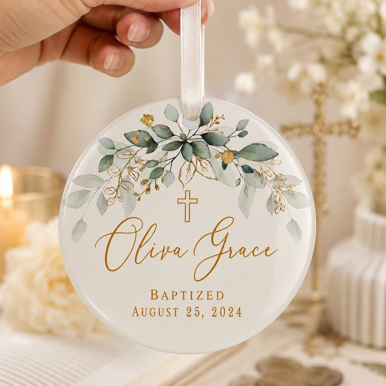 Personalized Baptism Ceramic Ornament, Custom Name and Date Christian Keepsake, Eucalyptus Cross Christening Gift for Baby CRMO06