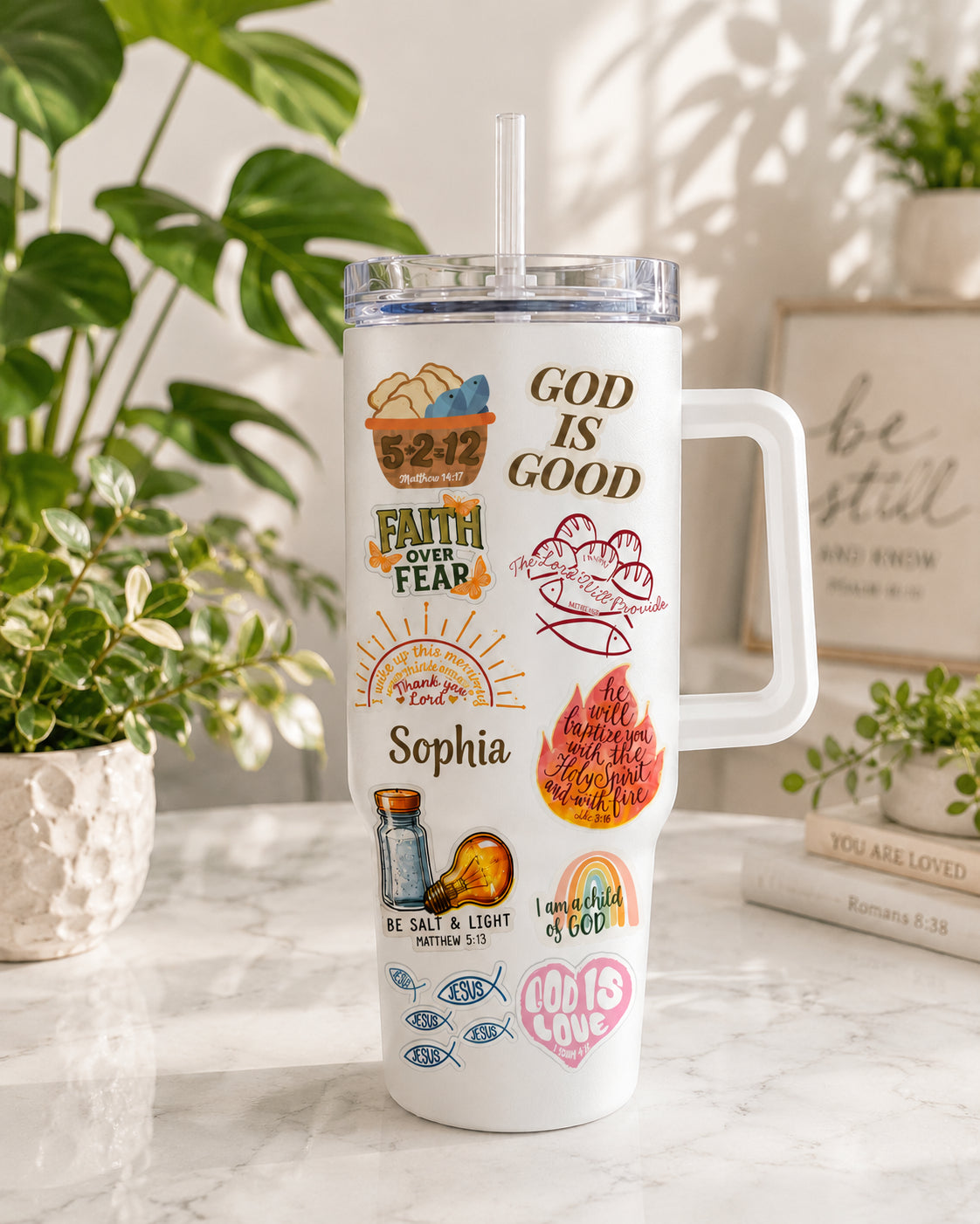 Personalized Jesus 30oz/40oz Stainless Steel Tumbler with Handle, Jesuas Faith Over Fear Coffee Cup, Christian Aesthetic Travel Mug, Custom Faith Tumbler, Insulated Mug with Straw, Christian Gift TUMB06