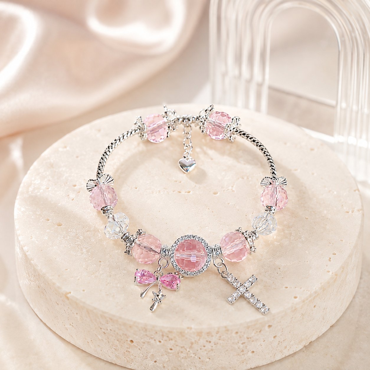 Pink Crystal Cross Charm Bracelet for Women, Faith-Inspired Silver Beaded Bangle Jewelry, Elegant Christian Gift VTBR05