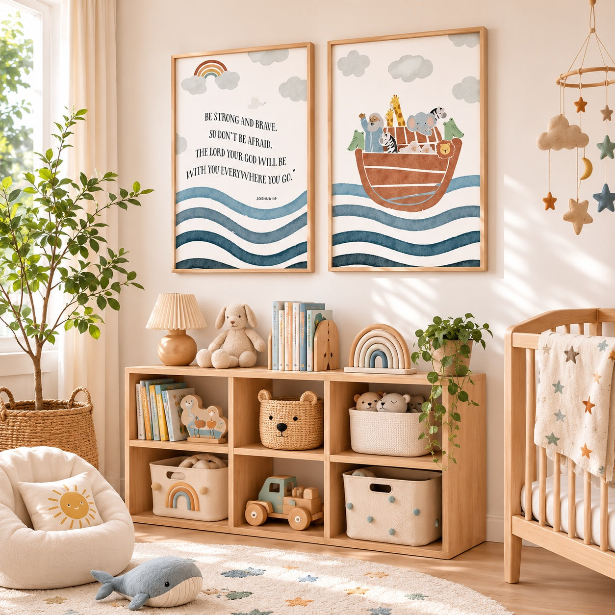 Set of 2 Noah’s Ark Poster, Christian Nursery Wall Art , Noah’s Ark and Joshua 1:9 Bible Verse Posters, Be Strong and Brave Kids Room Decor PTSET05
