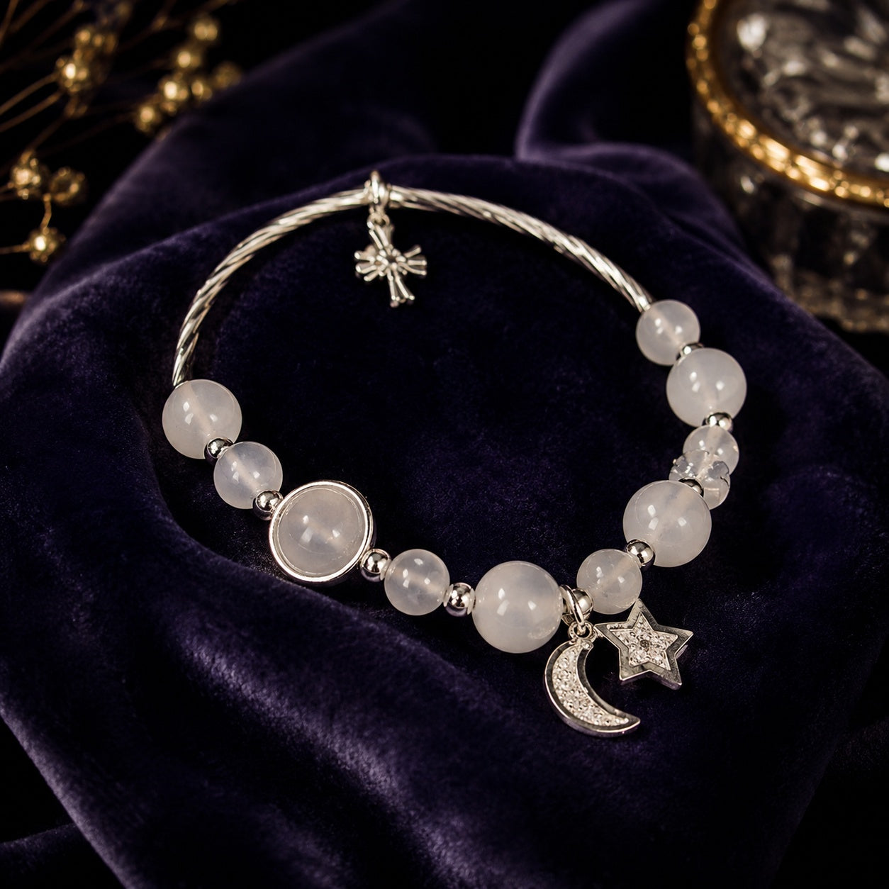 White Moonstone Bracelet With Moon And Star Pendant, Catholic Jewelry, Stone Bracelet For Women, Catholic Bracelet BRLAF08