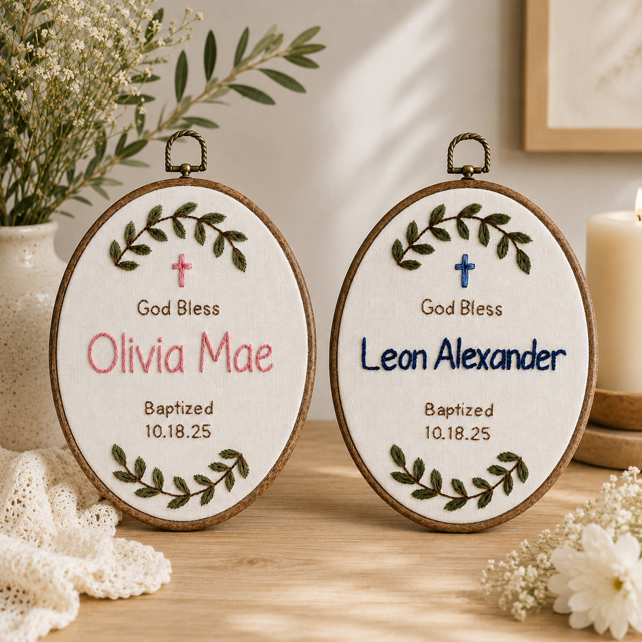 Personalized Hand Embroidered Baptism With Cross Hoop Art, Baby Hoop Art, Custom Baby Name and Baptism Date, Floral Christian Keepsake EHA34