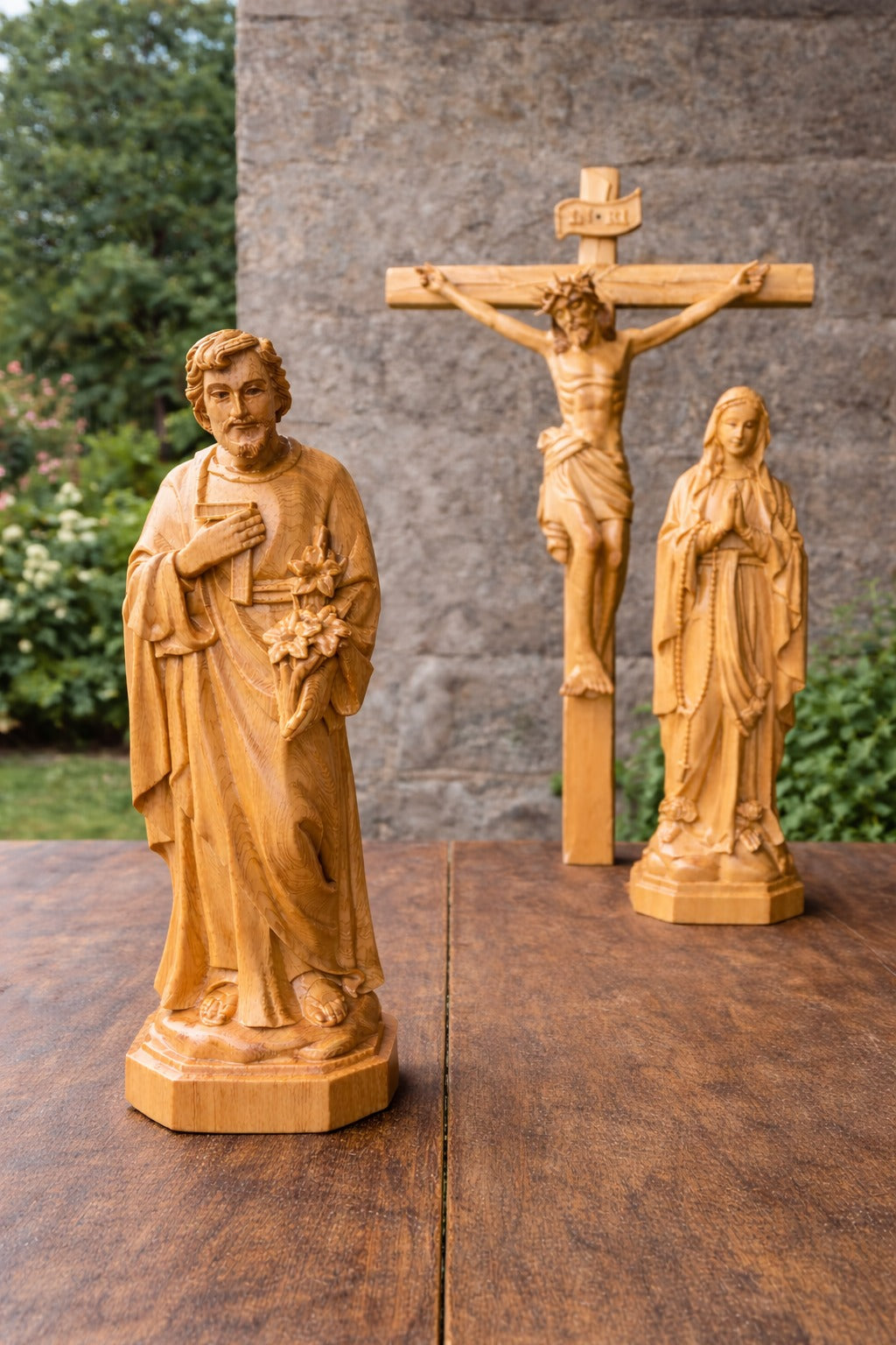Wooden Catholic Statue Set, Crucifix Jesus Cross with Virgin Mary and Saint Joseph, Handmade Christian Religious Home Altar Decor