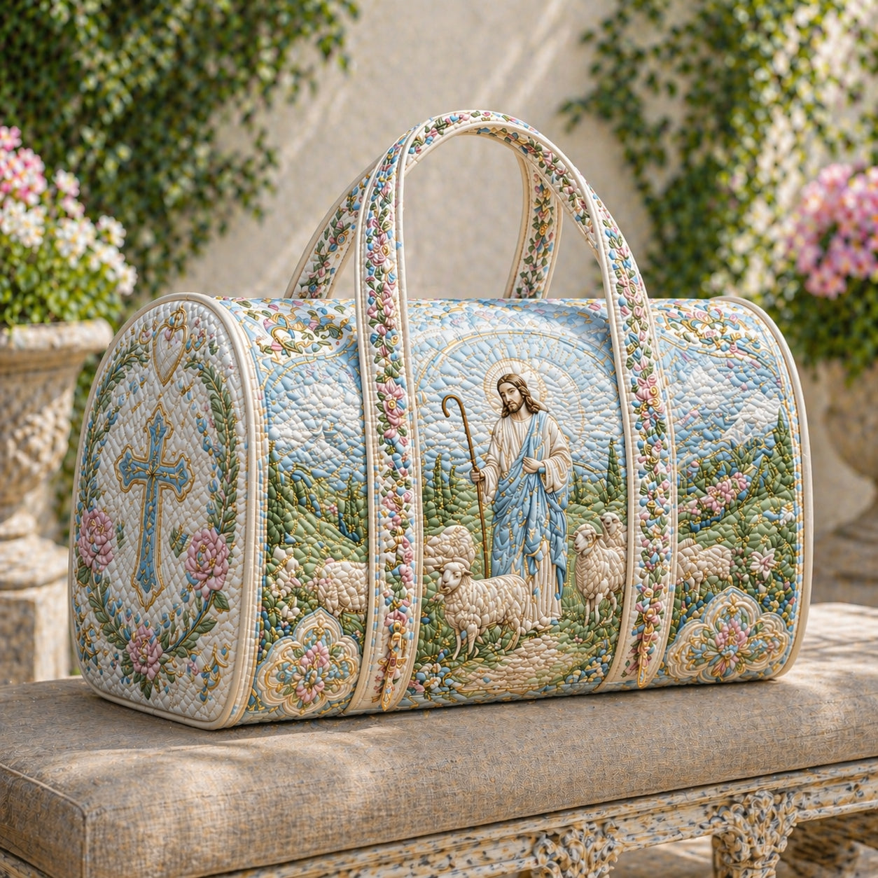 Christian Jesus Shepherd Quilted Duffle Bag, Faith Quilt Bag, Catholic Religious Weekender Travel Bag, Bible Verse Style Overnight Bag QDB06