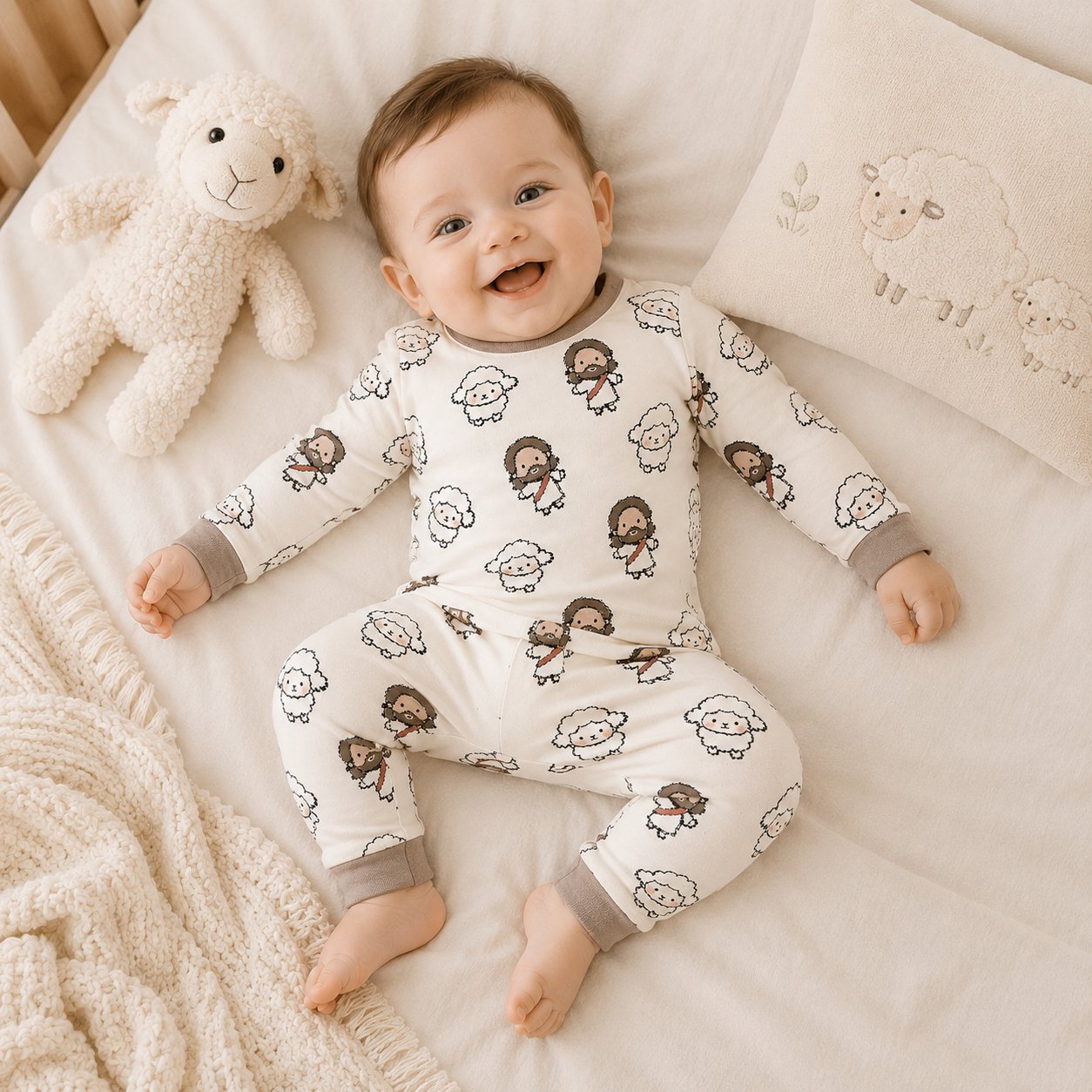 Jesus and Lamb Bamboo Baby Kids Pajamas Set, Christian Toddler PJs, Good Shepherd Sleepwear, Religious Gift for Kids BBPJSS04