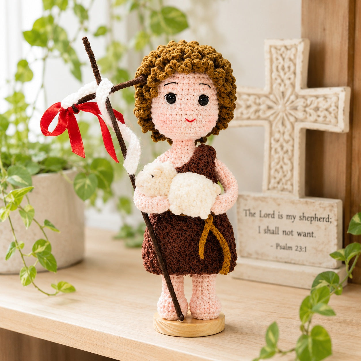 Saint John the Baptist Doll with Lamb Handmade Crochet, Saint John the Baptist Amigurumi Plush, Religious Faith Gift, Religious Keepsake Baptism Gift, Prayer Room Decor CR06
