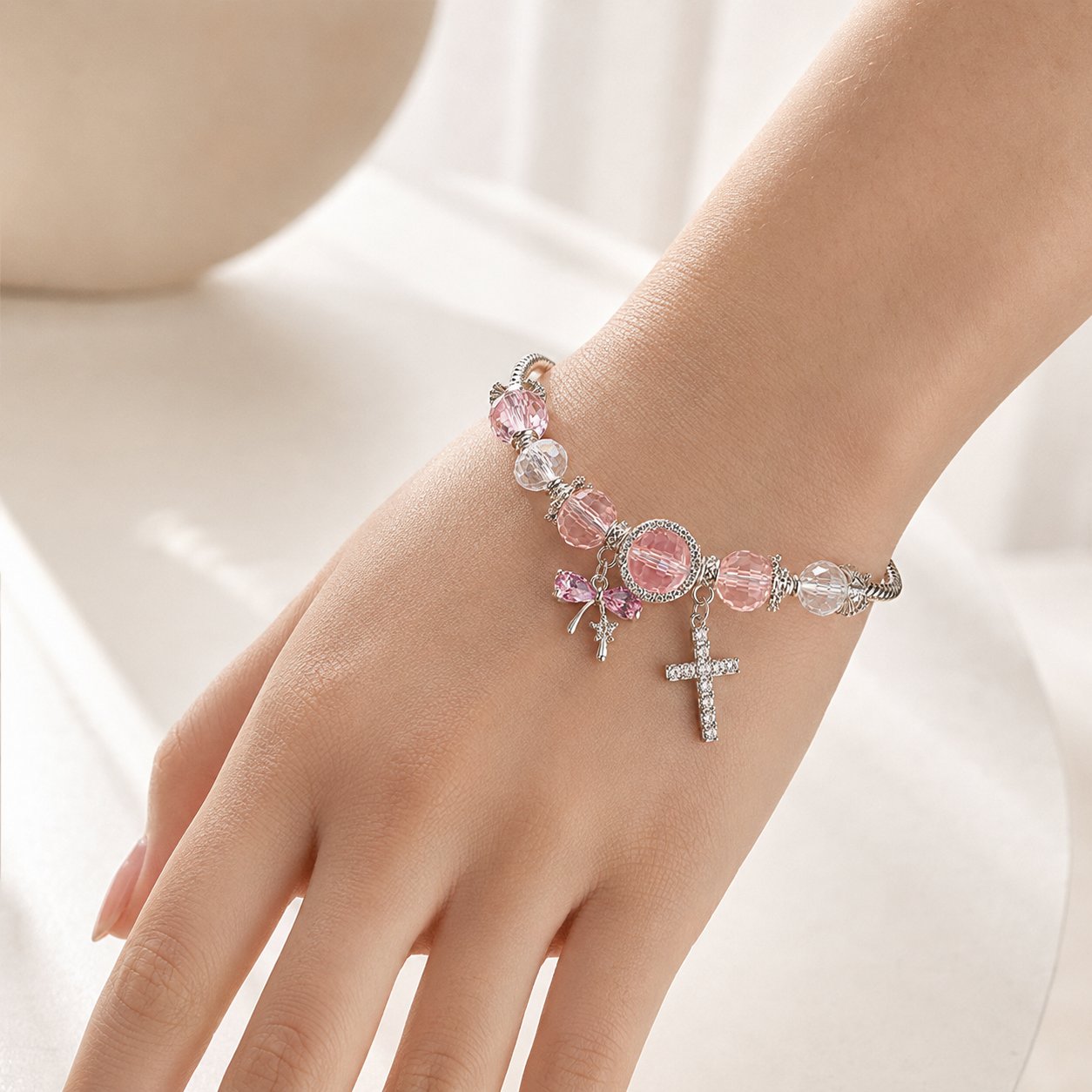 Pink Crystal Cross Charm Bracelet for Women, Faith-Inspired Silver Beaded Bangle Jewelry, Elegant Christian Gift VTBR05